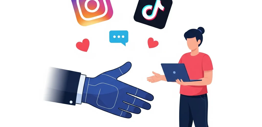 Ilustrácia influencer marketingu pre malé firmy s digitálnym prepojením a symbolikou sociálnych sietí