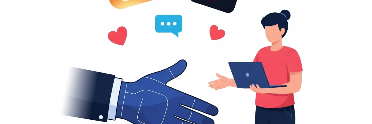 Ilustrácia influencer marketingu pre malé firmy s digitálnym prepojením a symbolikou sociálnych sietí