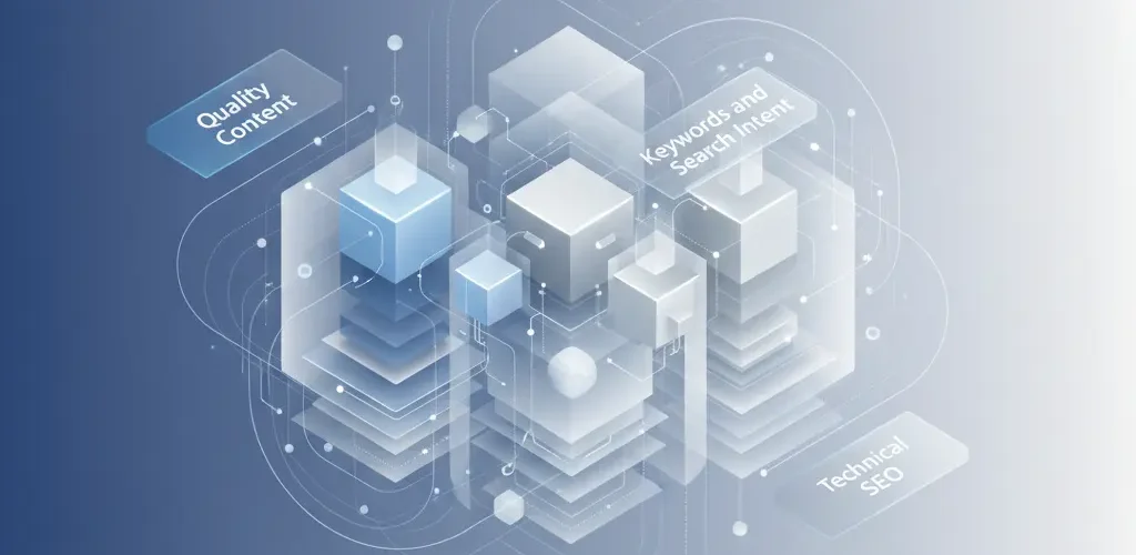 abstraktná vizualizácia prepojených SEO elementov symbolizujúcich komplexnú SEO stratégiu a kvalitný SEO obsah