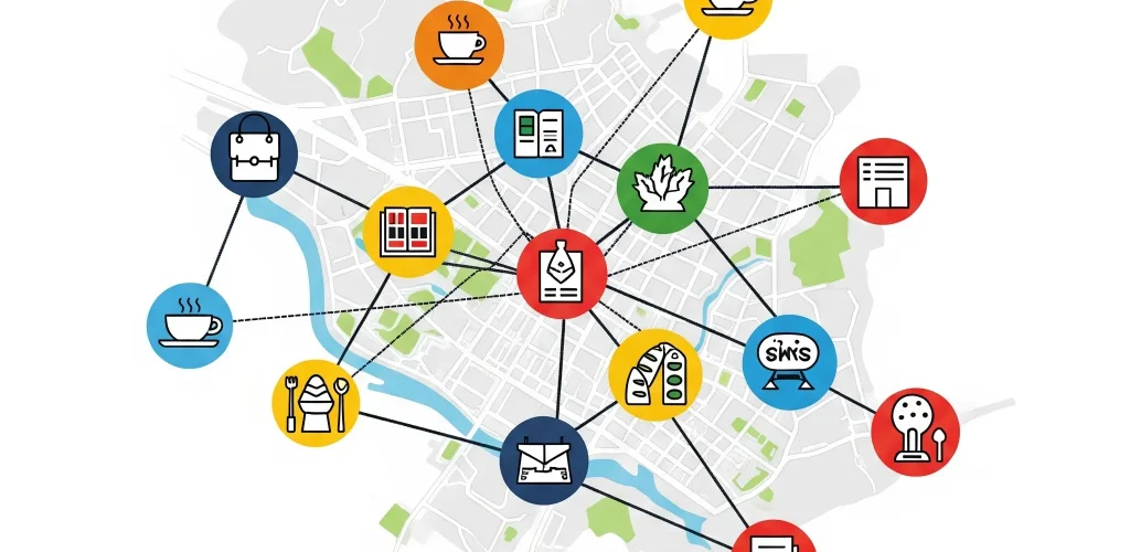 Ilustrácia komunitného marketingu v Bratislave znázorňujúca sieť prepojených malých firiem bez ľudí a textu
