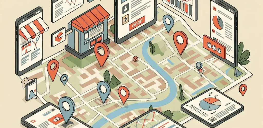 Mapa Bratislavy s vyznačenými bodmi, obklopená digitálnymi prvkami ako ikony Google Maps, grafy a smartfóny.