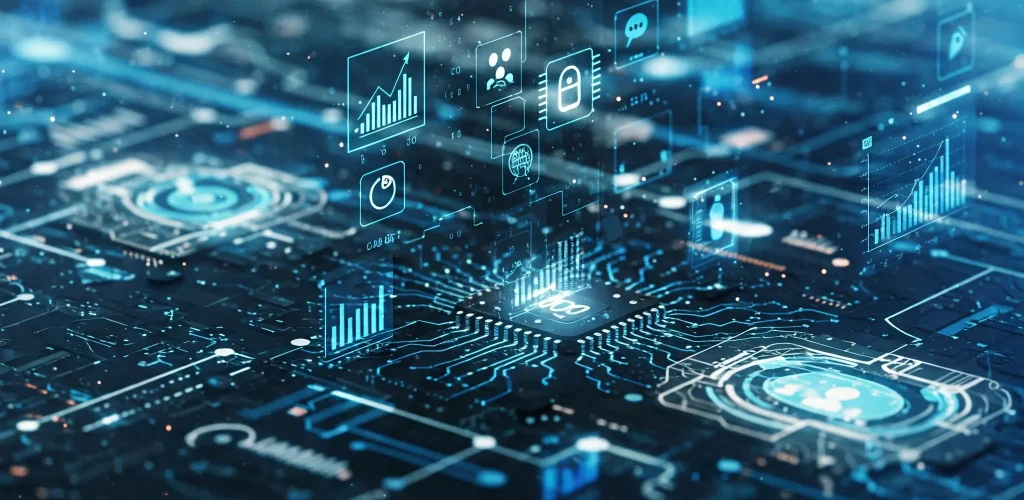 Futuristická vizualizácia digitálnej marketingovej stratégie 2025 s AI prvkami a prepojenými sieťami, bez tvárí a textu