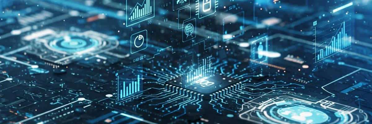 Futuristická vizualizácia digitálnej marketingovej stratégie 2025 s AI prvkami a prepojenými sieťami, bez tvárí a textu