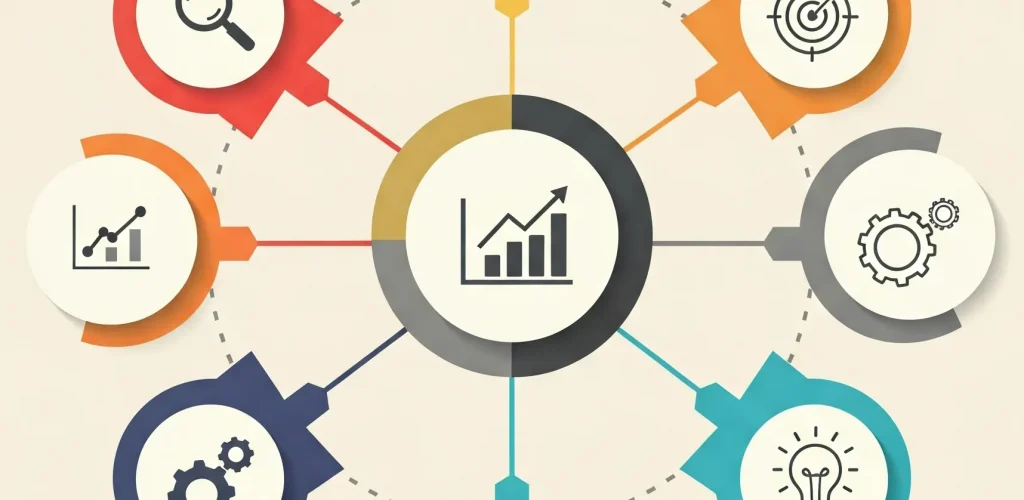 Infografika zobrazujúca kroky marketingovej stratégie pre malú firmu s ikonami auditu, analýzy, cieľovej skupiny, cieľov, plánu, merania a optimalizácie, bez textu a tvárí