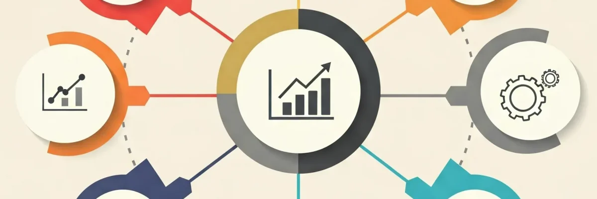 Infografika zobrazujúca kroky marketingovej stratégie pre malú firmu s ikonami auditu, analýzy, cieľovej skupiny, cieľov, plánu, merania a optimalizácie, bez textu a tvárí