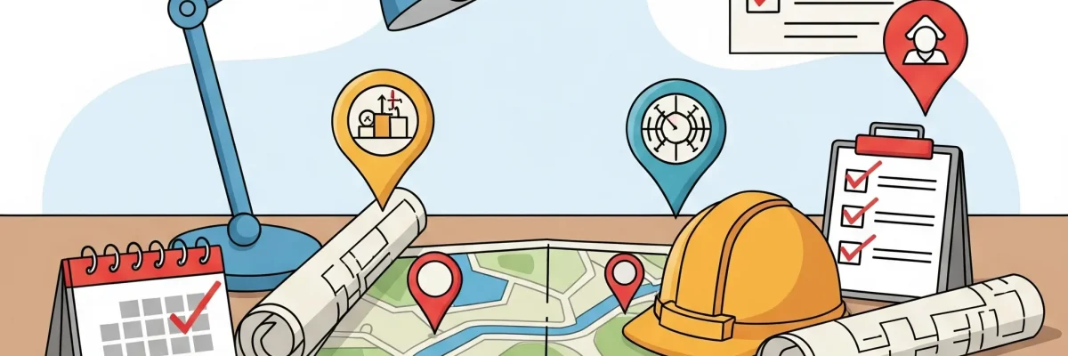 Ilustrácia pracovného stola s ikonami kompasu, kalendára a checklistu, symbolizujúcimi marketingovú stratégiu a plán, bez textu a tvárí