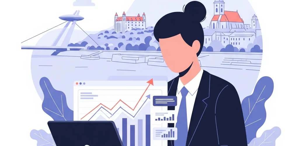 Meranie marketingu v Bratislave – majiteľ malej firmy analyzuje marketingové metriky a výsledky na grafe, lokálny marketing Bratislava, bez textu a tvárí