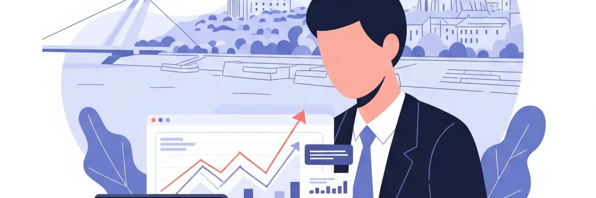 Meranie marketingu v Bratislave – majiteľ malej firmy analyzuje marketingové metriky a výsledky na grafe, lokálny marketing Bratislava, bez textu a tvárí