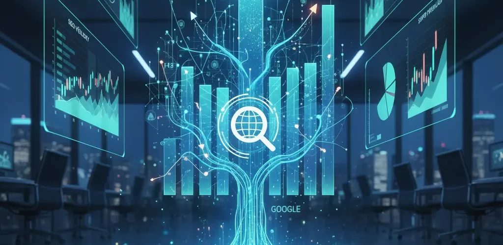 meranie-vyhodnocovanie-efektivnosti-seo-obsahu Moderný obrázok digitálnej analytiky znázorňujúci meranie SEO výsledkov a rast organickej návštevnosti