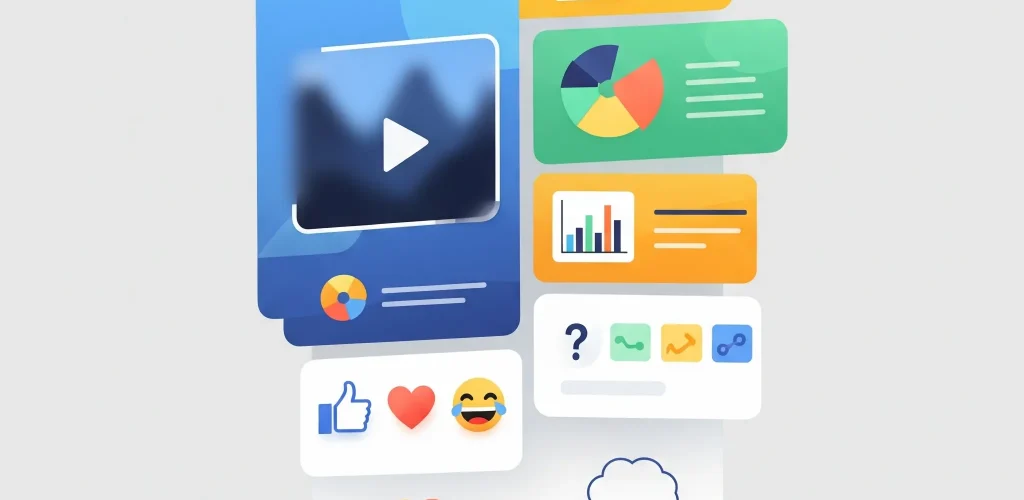 Ilustrácia rozmanitých formátov obsahu na sociálnych sieťach pre malé firmy zameraná na videá, grafiky a interakciu používateľov