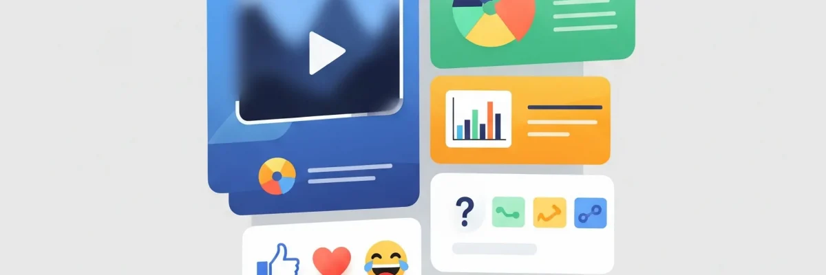 Ilustrácia rozmanitých formátov obsahu na sociálnych sieťach pre malé firmy zameraná na videá, grafiky a interakciu používateľov