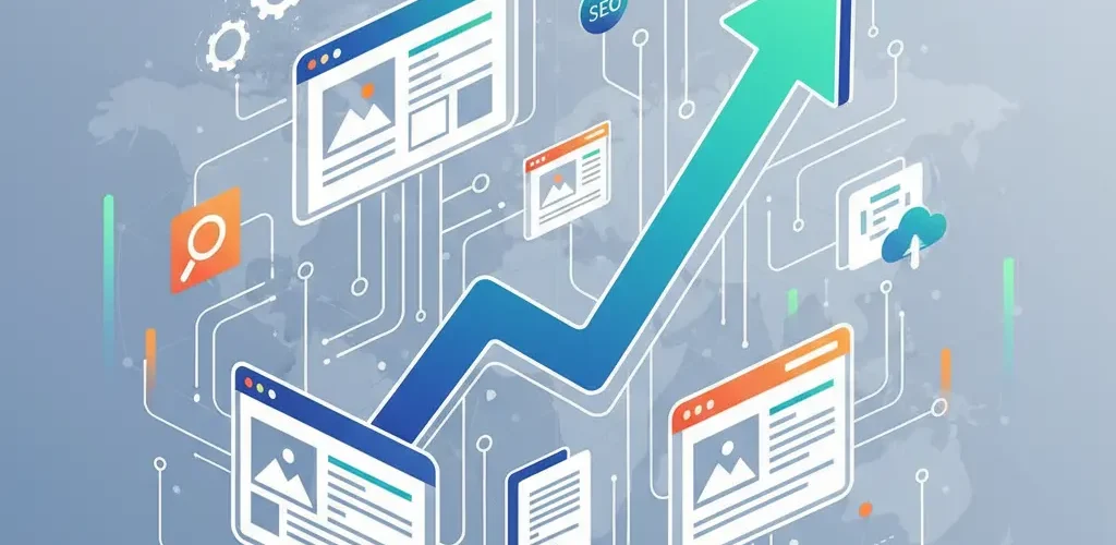 napiste-blog-ktory-zdvojnasobi-navstevnost Rastúca krivka blogu s digitálnymi ikonami symbolizuje SEO a vyššiu návštevnosť