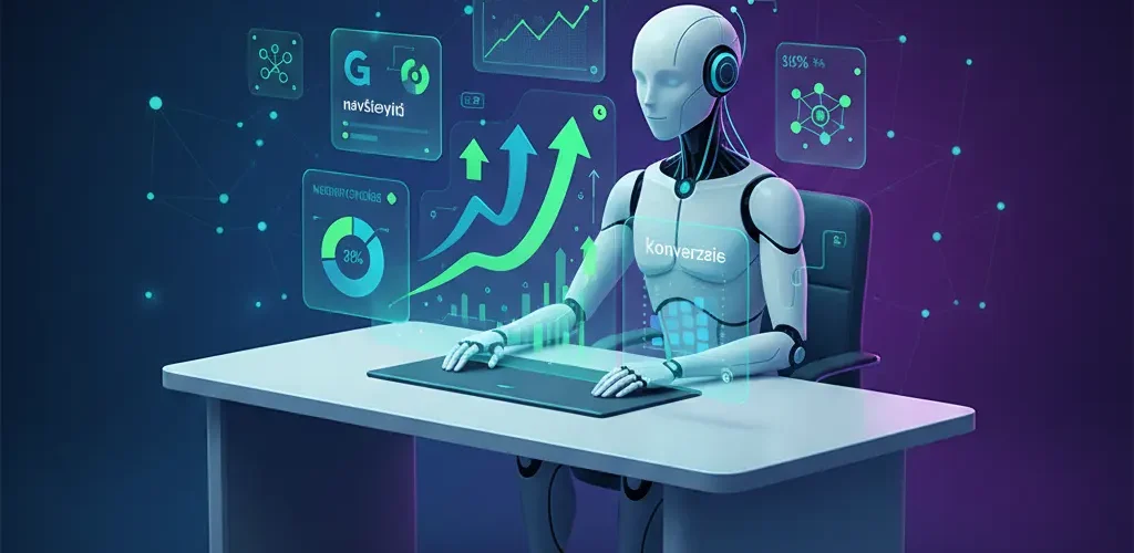 Novinky v umelej inteligencii pre marketing 2026 - futuristický AI agent analyzuje dáta a grafy pre SEO optimalizáciu a digitálny rast firiem
