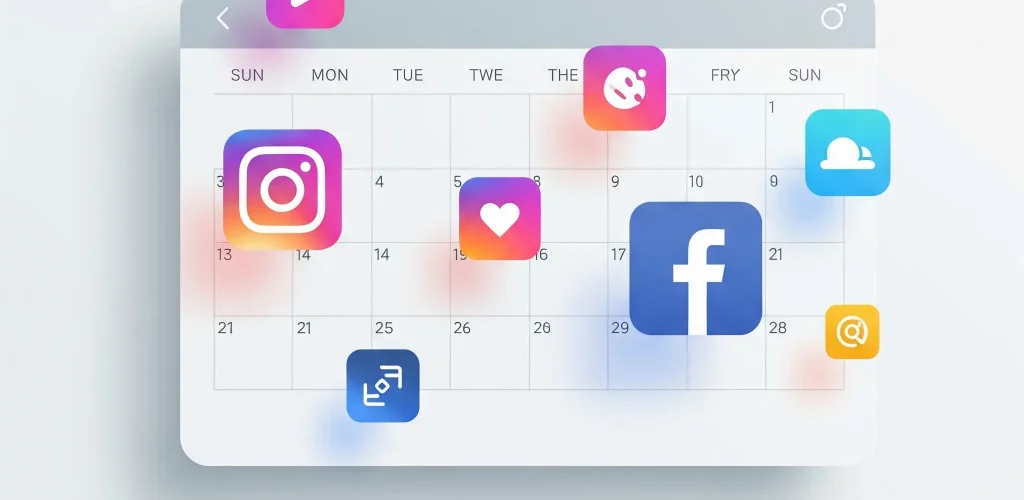 Ilustrácia plánovania obsahu na sociálne siete s digitálnym kalendárom a ikonami sietí