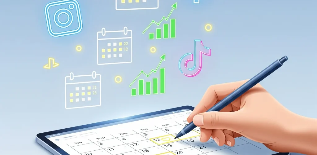 Ilustrácia obsahového kalendára a symbolov sociálnych sietí predstavujúca plánovanie obsahu na sociálne siete
