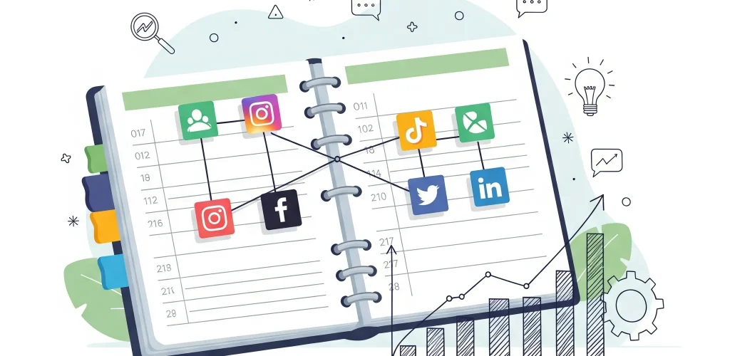 Ilustrácia zobrazujúca plánovanie obsahu pre malé firmy s kalendárom a ikonami sociálnych sietí, ktoré podporujú rast malých firiem