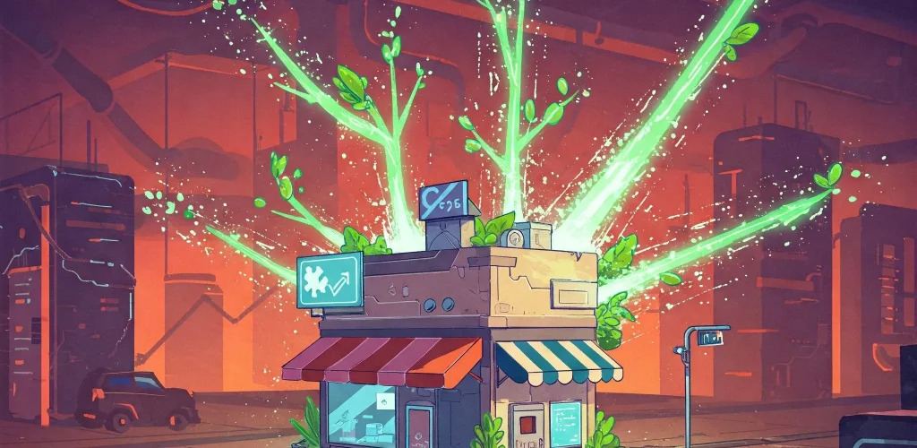 Futuristická ilustrácia rastu malej firmy, ktorú obklopujú svetelné línie a abstraktné prvky symbolizujúce expanziu a úspech vďaka marketingovému rozpočtu.