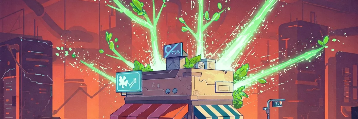 Futuristická ilustrácia rastu malej firmy, ktorú obklopujú svetelné línie a abstraktné prvky symbolizujúce expanziu a úspech vďaka marketingovému rozpočtu.