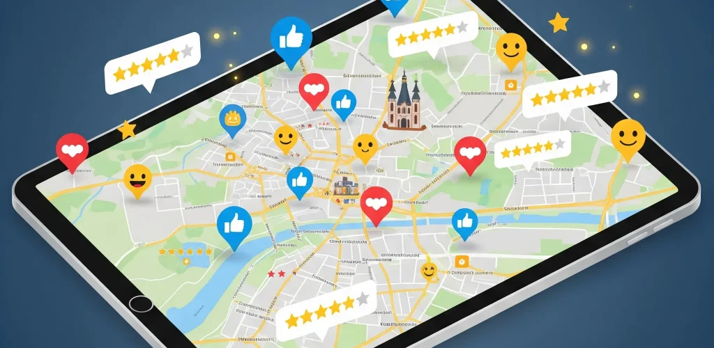 Ilustrácia recenzií zákazníkov Bratislava na digitálnej mape mesta s ikonami hodnotení bez ľudí a textu