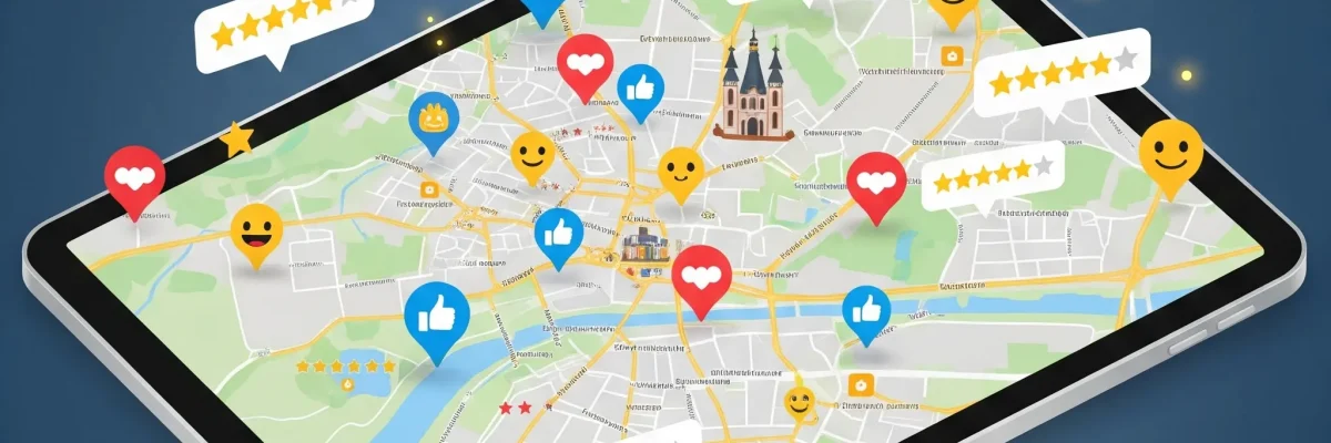 Ilustrácia recenzií zákazníkov Bratislava na digitálnej mape mesta s ikonami hodnotení bez ľudí a textu