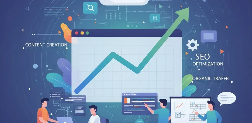 seo-obsahovy-rast-organicka-navstevnost-webu Ilustrácia rastu organickej návštevnosti webu pomocou SEO obsahového rastu a tvorby kvalitného obsahu pre firmy