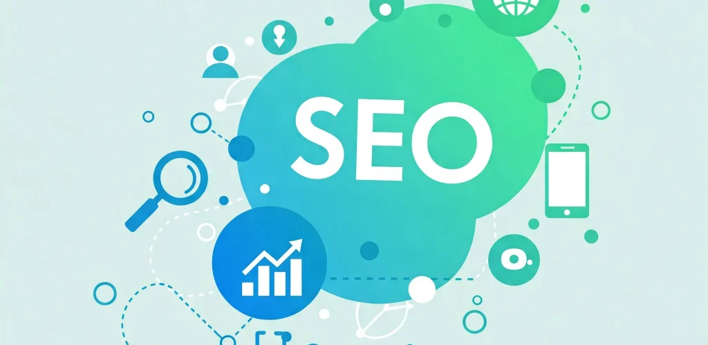 Abstraktná ilustrácia digitálneho rastu a SEO trendov – prepojené ikony symbolizujúce optimalizáciu, globálny dosah a rast organickej návštevnosti, bez textu a tvárí