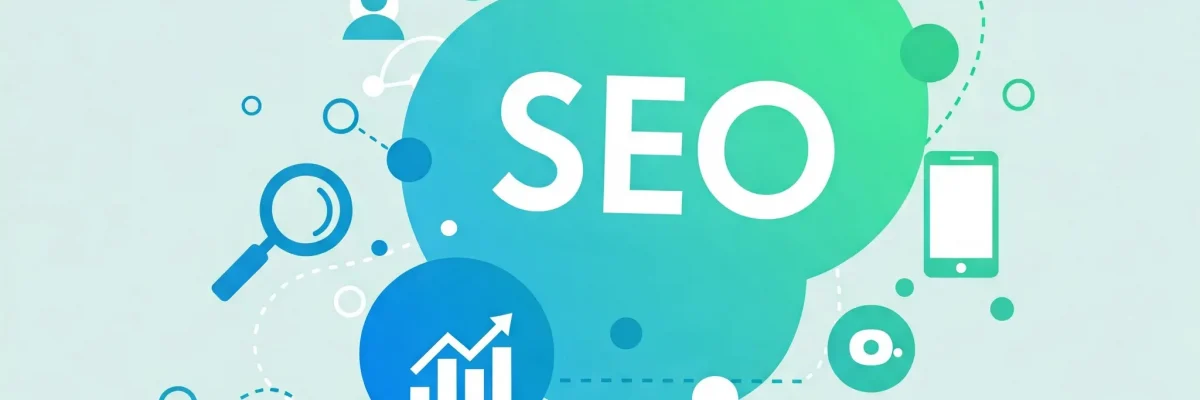 Abstraktná ilustrácia digitálneho rastu a SEO trendov – prepojené ikony symbolizujúce optimalizáciu, globálny dosah a rast organickej návštevnosti, bez textu a tvárí