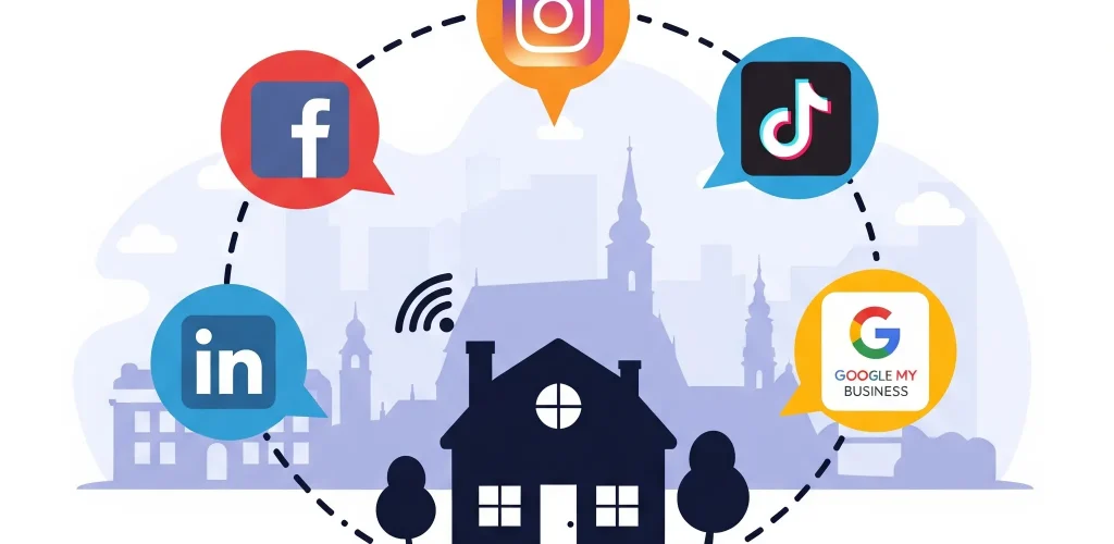 Najlepšie sociálne siete pre podnikanie – ilustrácia rôznych druhov sociálnych sietí spojených s lokálnym biznisom, strategický výber sociálnych sietí