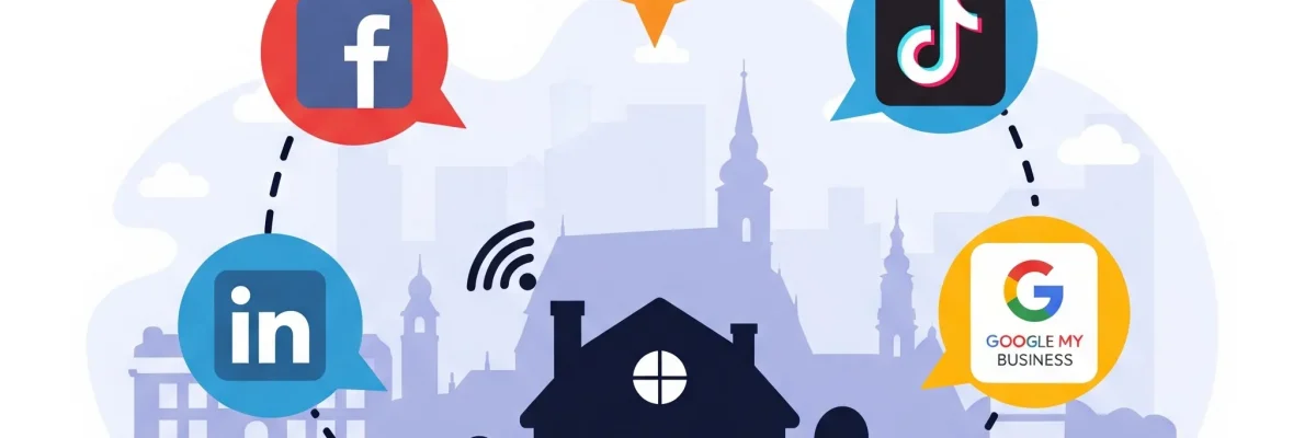 Najlepšie sociálne siete pre podnikanie – ilustrácia rôznych druhov sociálnych sietí spojených s lokálnym biznisom, strategický výber sociálnych sietí