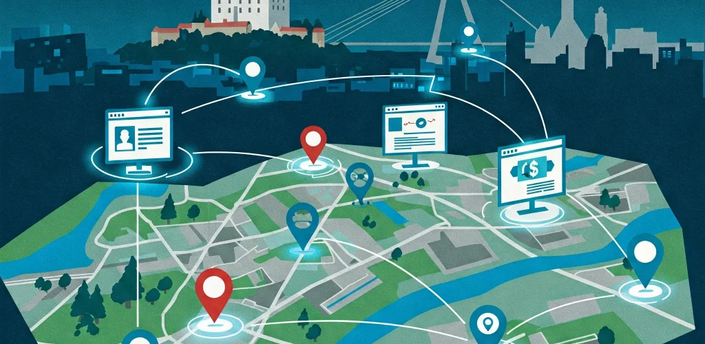 Digitálna mapa Bratislavy s prepojeniami medzi lokálnymi webmi, symbolizujúca budovanie spätných odkazov