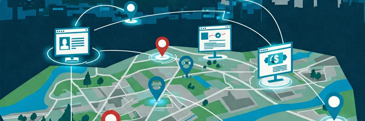 Digitálna mapa Bratislavy s prepojeniami medzi lokálnymi webmi, symbolizujúca budovanie spätných odkazov