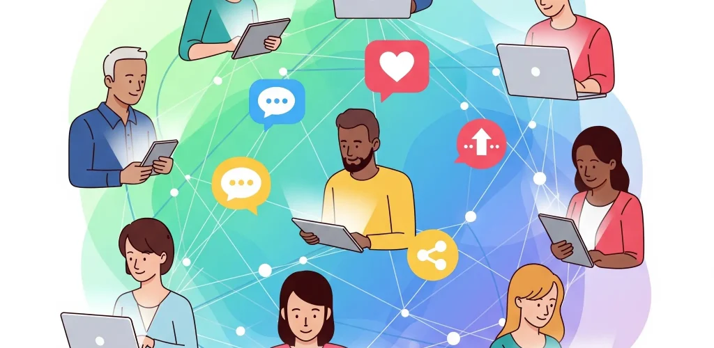 vizual aktivnej online komunity a interakcie na socialnych sietach podporujuci tvorbu obsahu a budovanie dovery