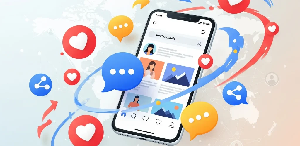 Ilustrácia zvýšenia angažovanosti na sociálnych sieťach so symbolmi lajkov, komentárov a zdieľaní okolo mobilu zobrazujúceho sociálnu sieť